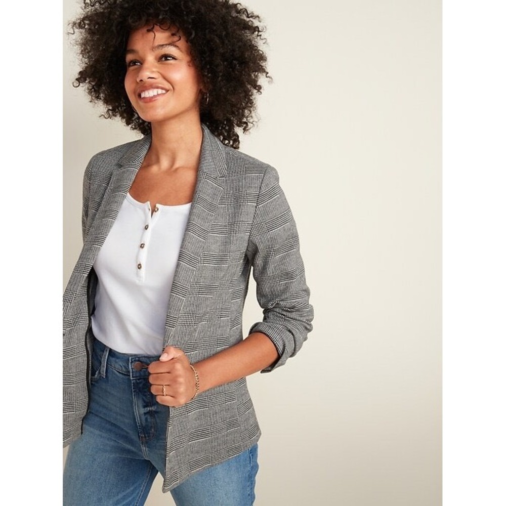 (B6) Old Navy Womens Black White Glen Plaid Single Button Blazer Jacket Size S
